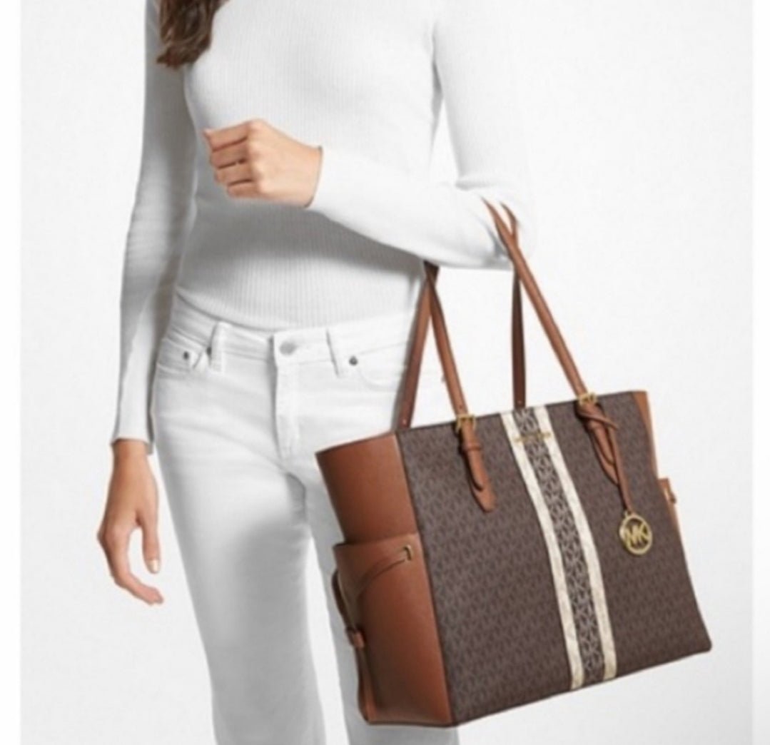 Michael Kors Gilly Logo Center Stripe LG Tote Brown